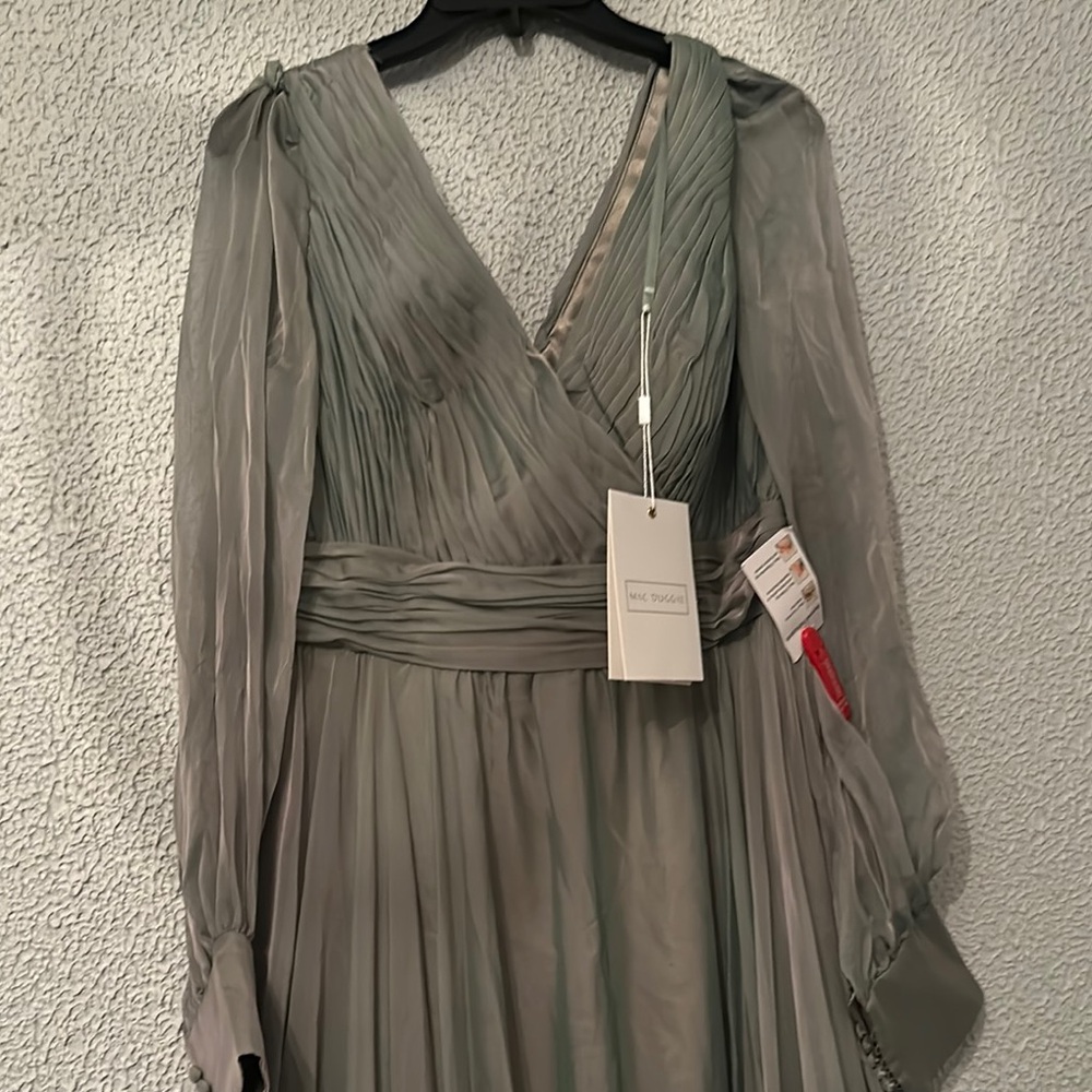 Mac Duggal Peasant Skirt V - Neck Dress, Long Sleeve Sage Gown New with Tags - Picture 4 of 15